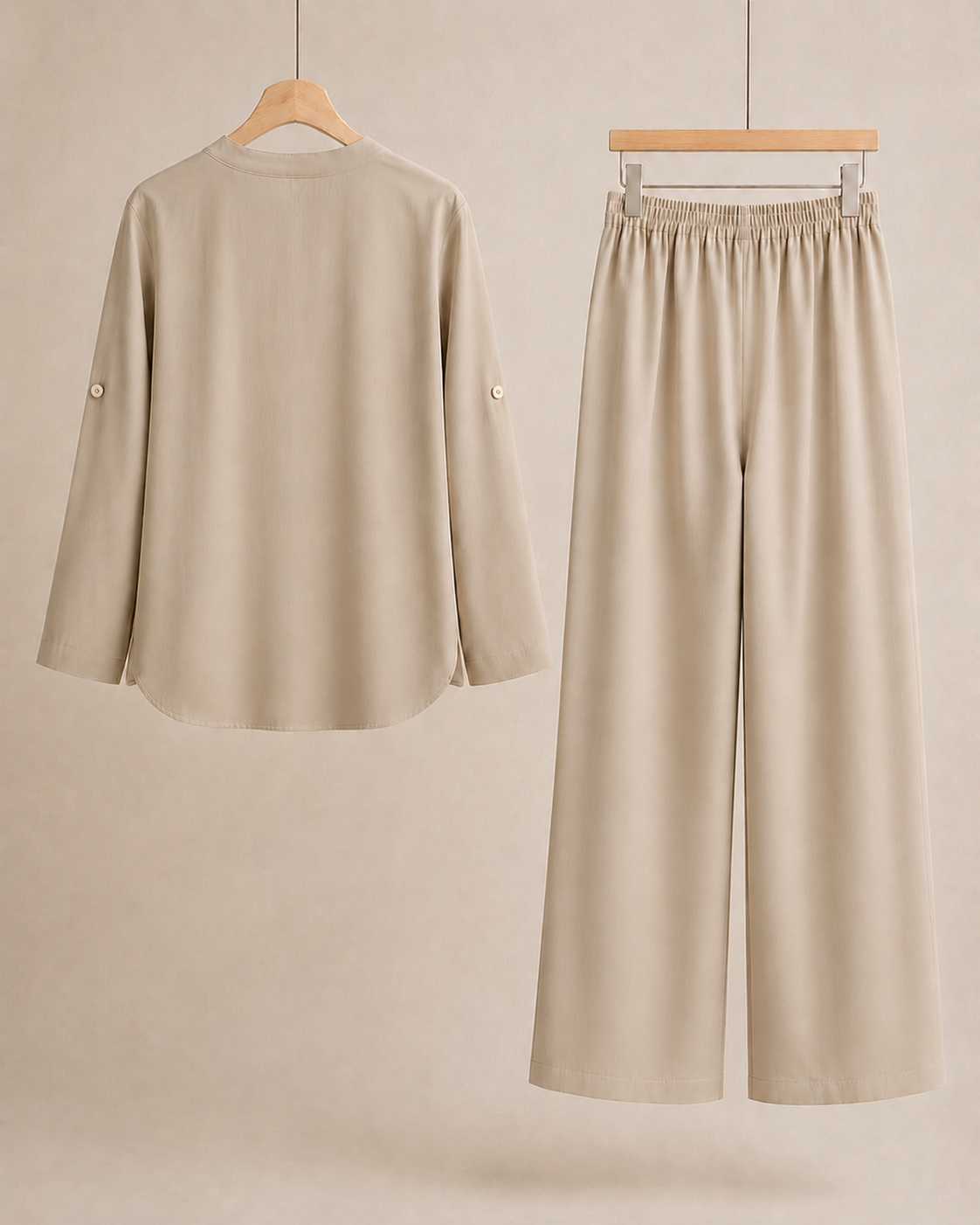 Cotton Aina Khaki shirt and trousers displayed separately from the back