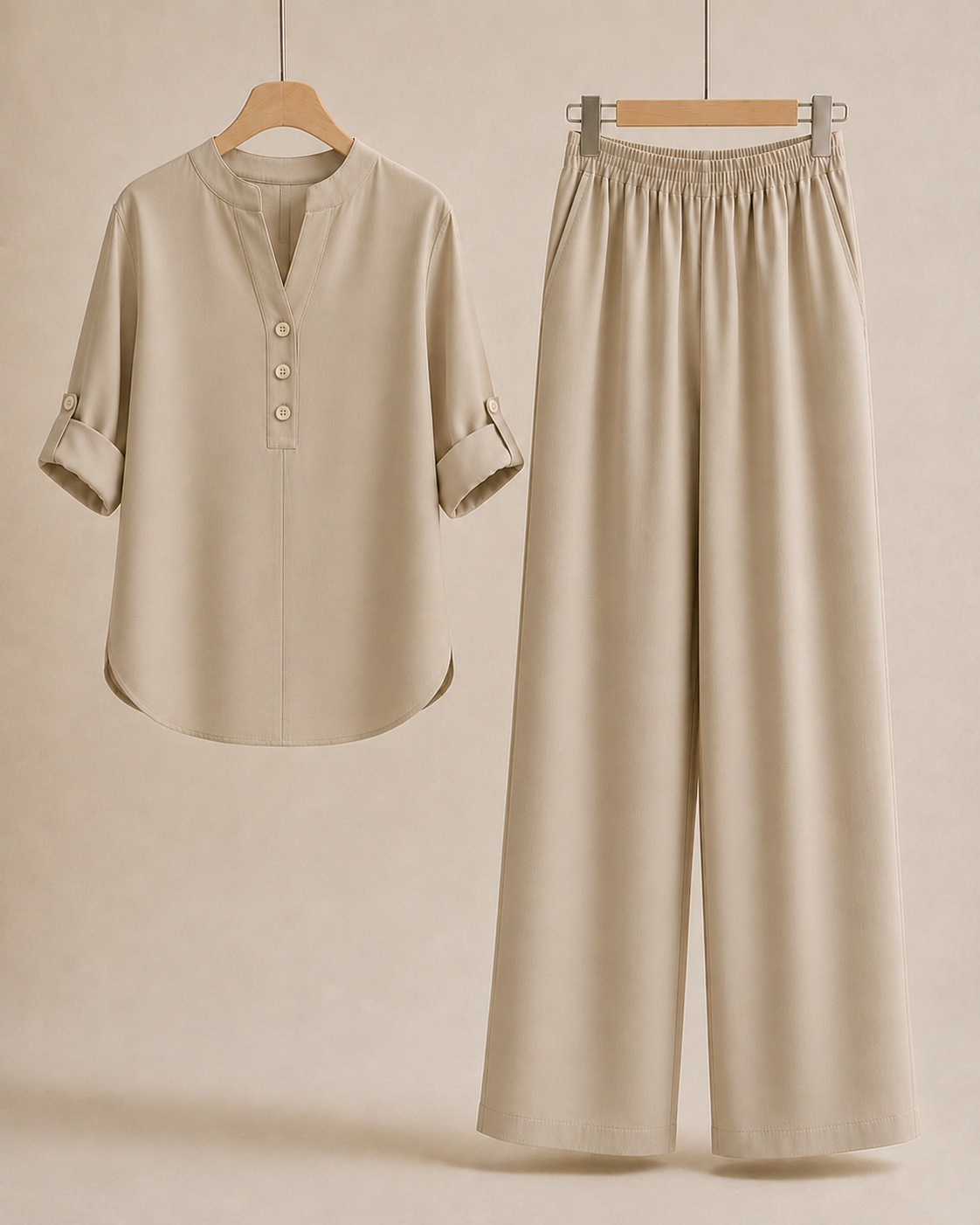 Cotton Aina Khaki shirt and trousers displayed separately with folded sleeves