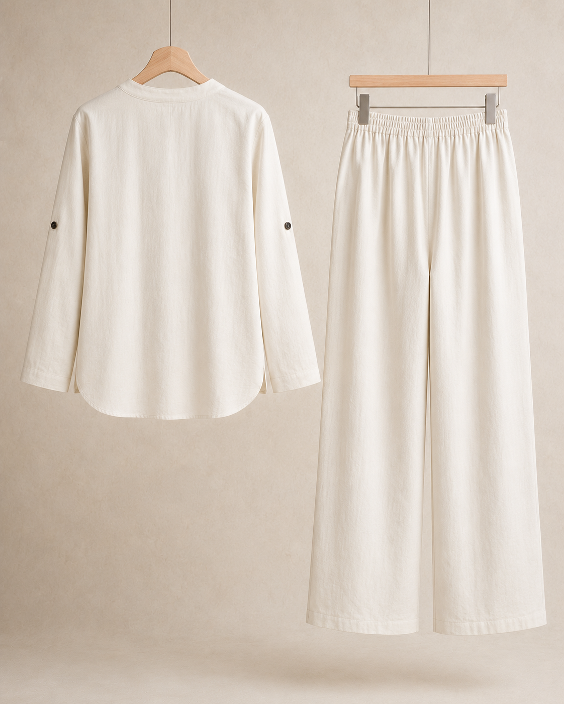 Cotton-Linen Bone White shirt and trousers displayed separately from the back