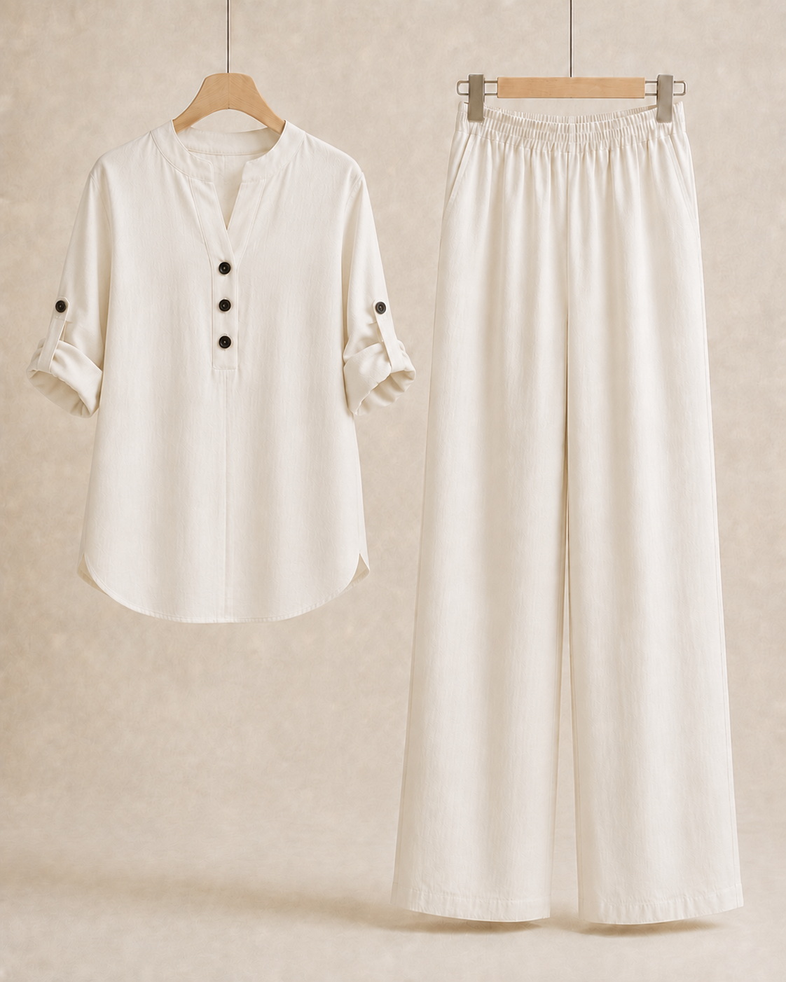 Cotton-Linen Bone White shirt and trousers displayed separately with folded sleeves
