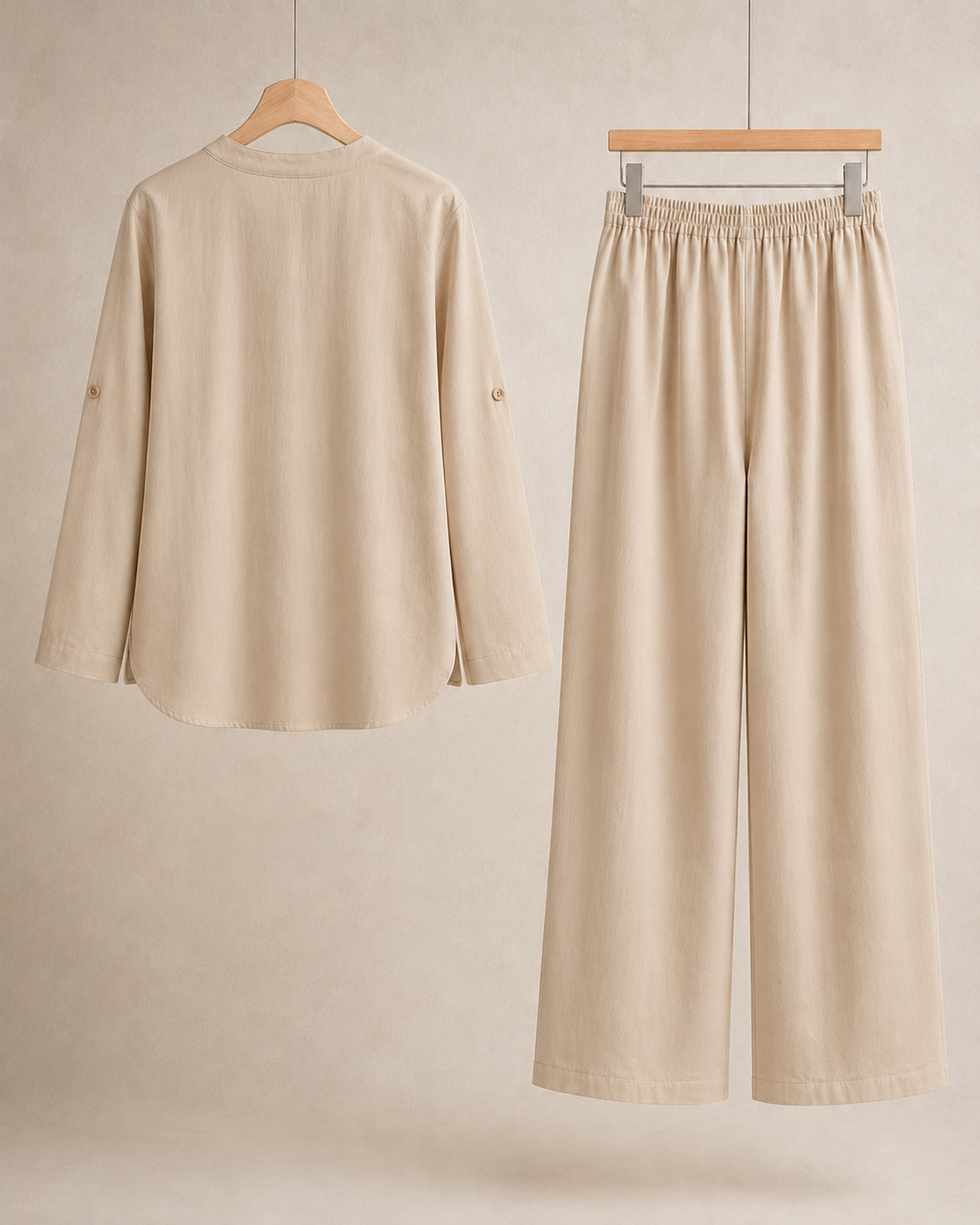 Pivoine TENCEL Lyocell Beige shirt and trousers displayed separately from the back