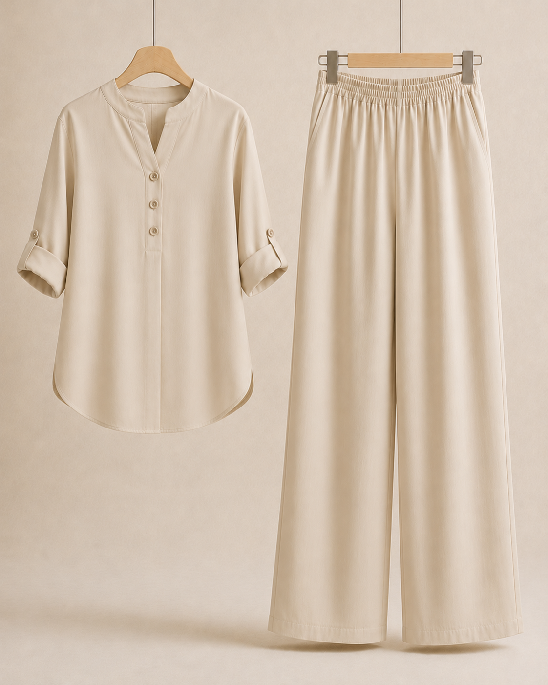 Pivoine TENCEL Lyocell Beige shirt and trousers displayed separately with folded sleeves