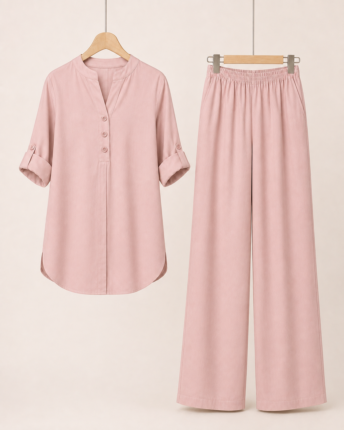 Shelby Twill Light Pink shirt and trousers displayed separately with folded sleeves